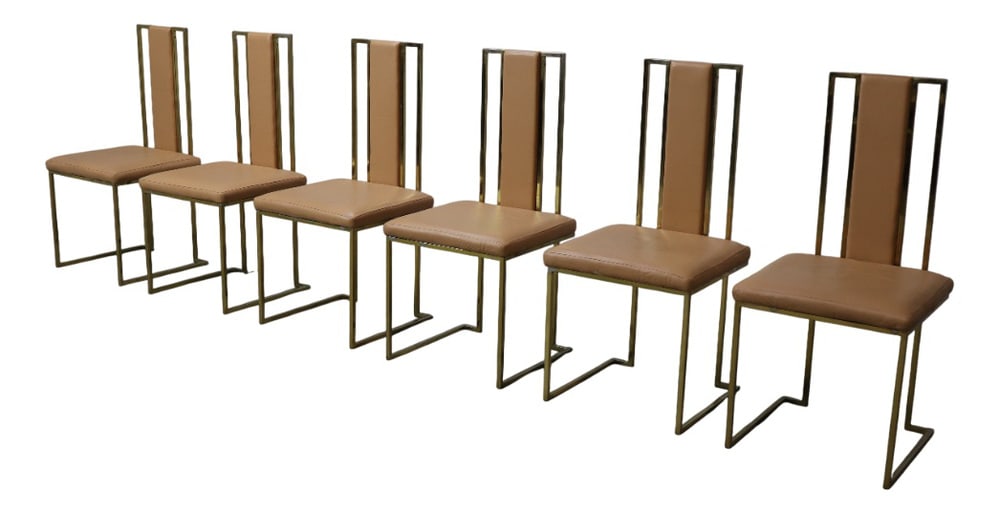 Dining Chairs by R. Zevi, Italy, 1970s, Set of 6: A striking set of six dining chairs designed by Renato Zevi in Italy during the 1970s. These chairs perfectly capture the glamorous aesthetic of the period with their sleek geometric brass-plated