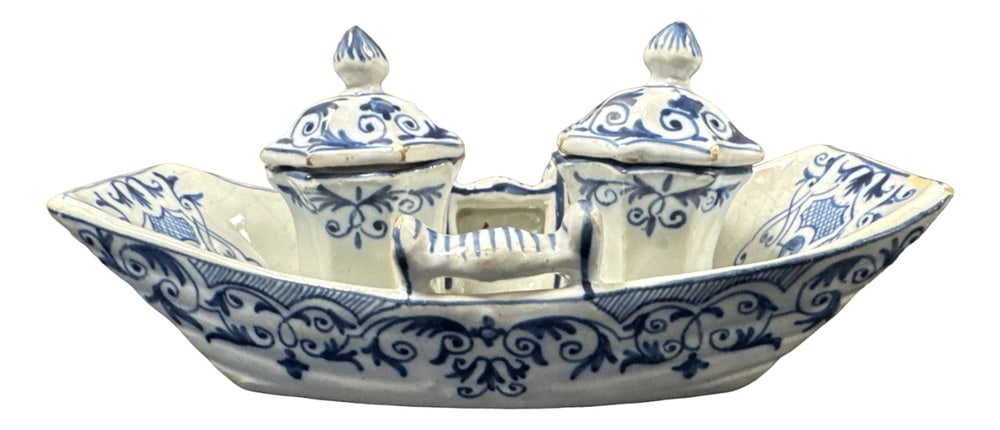 Earthenware Inkwell by Faïenceries de Rouen: 17th/18th Century Earthenware Inkwell by Faïenceries de Rouen Country of Manufacture: France Design Period: before 1890 Restoration and Damage Details: Light wear consistent with age and use