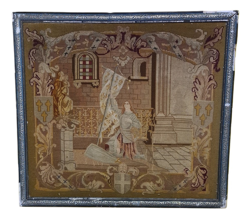 Antique French Joan of Arc Tapestry, 1800s: Antique, handmade French framed tapestry depicting Joan of Arc from the early 19th century, possibly the 18th century. It is reinforced with a jute background and framed in a 19th century frame with
