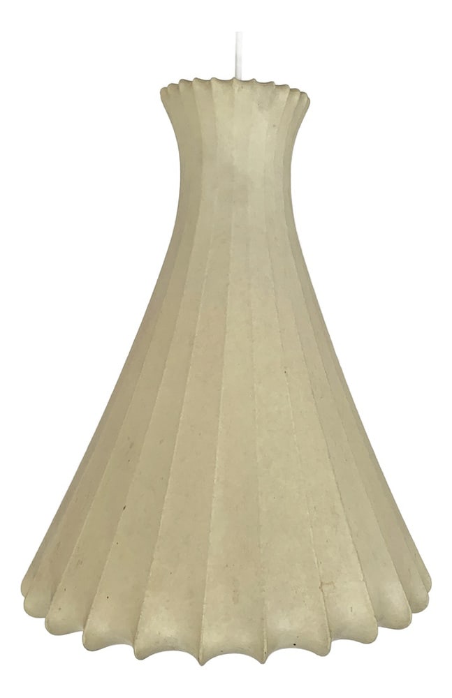 Lamp Friedel Wauer for Goldkant Leuchten, 1960s: Tall Cocoon pendant lamp in a kind of Diabolo form. Design by Friedel Wauer. Manufactured by Goldkant Leuchten, Germany in the 1960s.A thin steel framework covered with sprayed resin, which gives a