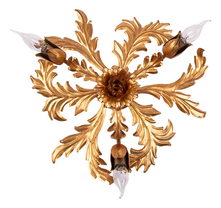 1950s Large Gilt Italian Flush Mount: The Large Gilt Italian Flush Mount is a stunning expression of timeless European elegance, meticulously handcrafted to bring warmth and sophistication to any space. Featuring a lavish gilded metal fra