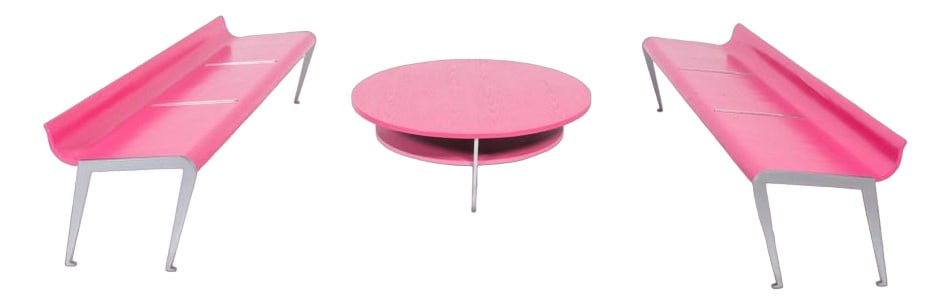 Benches & Coffee Table by M. Evaristti, Set of 3: Exclusive geometrical shape pair of pink Ballet benches with coffee table by Marco Evaristti. The bench has an irregular shape oak veneer seat on sculptural steel legs. A real eye- catching piece for
