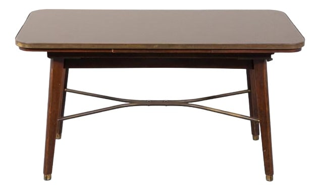 Italian Modern Adjustable Table, 1960s: Elegant table with brass details and top glass inlay produced in Italy, 1960s. This table will serve well as a coffee table or small cafe style dining table. The table can be adjusted in height and
