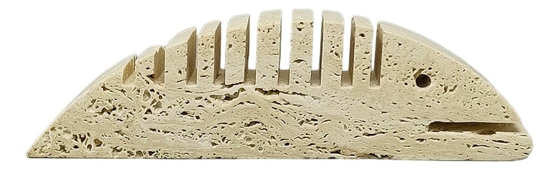 Travertine Fish Sculpture by Mari 1970s: 1970s Original big travertine fish sculpture by Enzo Mari for F.lli Mannelli. The item is in excellent condition. Made in Italy.Dimension:8,26 w x 1,18 D x 2,36 H inchesL 21 cm x P 3 cm x cm 6 H