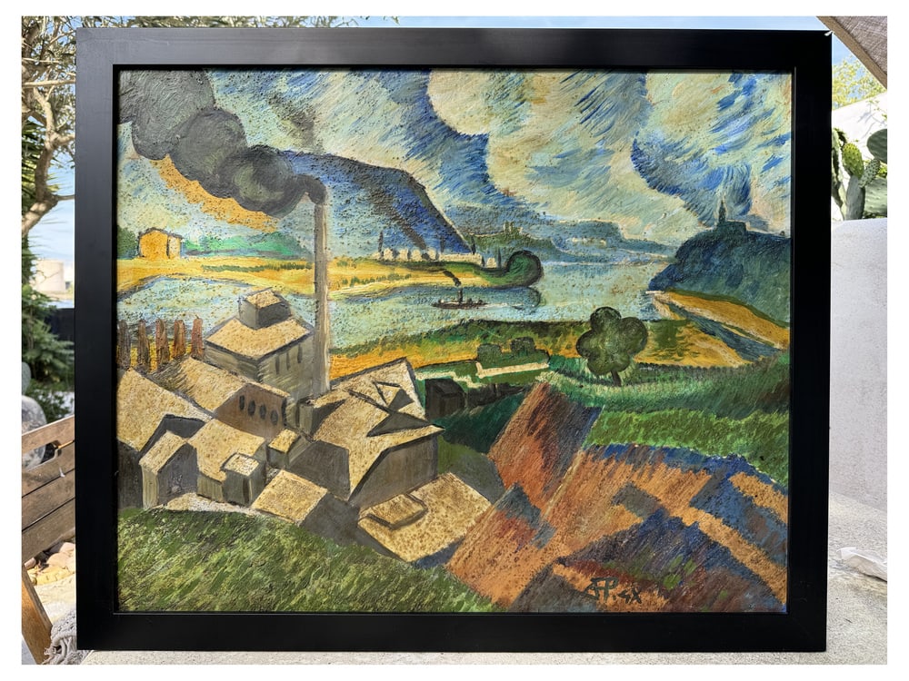 Large Expressionist Factory Painting, Poland: It has been framed so that the original inscriptions on the back of the work can be read. Country of Manufacture: Poland Design Period: 1890 to 1919 Production Period: 1890 to 1919 Restoration and