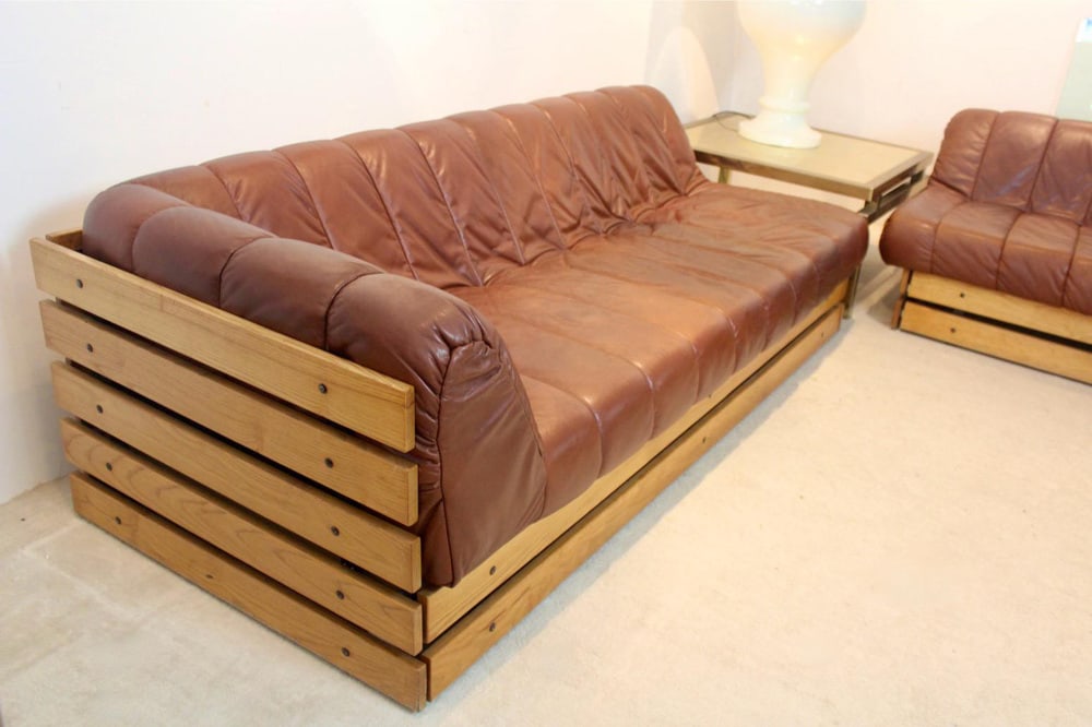 Lounge Sofa Set in Wood & Leather, 1970s, Set of 2 - 2