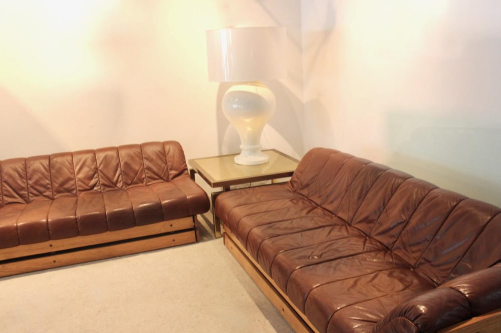 Lounge Sofa Set in Wood & Leather, 1970s, Set of 2 - 3