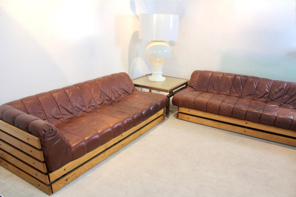 Lounge Sofa Set in Wood & Leather, 1970s, Set of 2 - 5