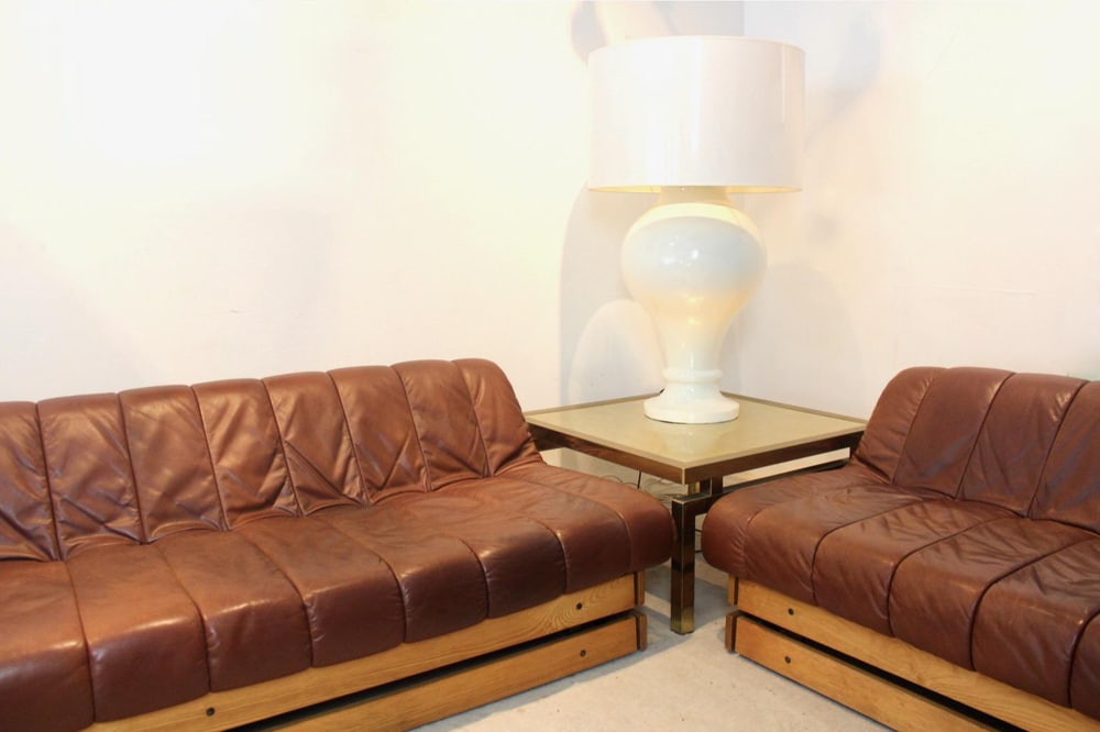 Lounge Sofa Set in Wood & Leather, 1970s, Set of 2 - 7