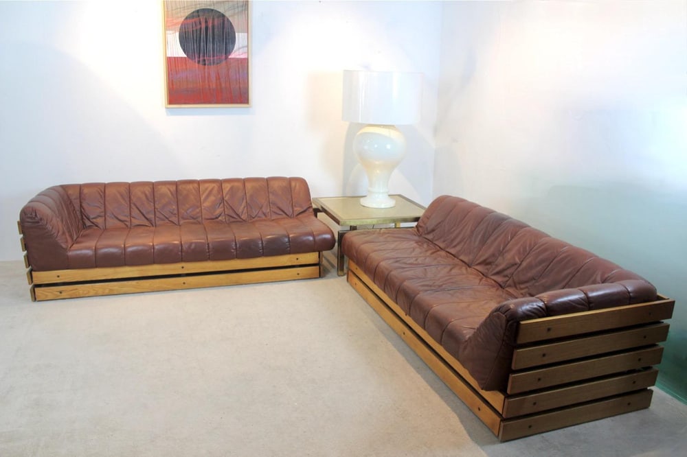 Lounge Sofa Set in Wood & Leather, 1970s, Set of 2 - 9