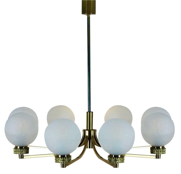 French Brass and Ice Glass Chandelier, 1960s: Distinctive and unique Brass Chandelier with eight arms and with very nice Frozen Glass Shades. Coming from France, made in the 1960’s. Each arm features one Frozen Glass Bowl, so eight Glass