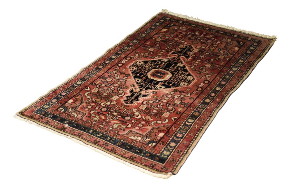 Zanjan Hamadan Rug, Middle Eastern, 1960s: The hand-knotted oriental Zanjan rug was made in Iran during the 1960s. Traditionally flatwoven and dyed in shades of rustic red, black, and ivory, Zanjan or Zanjan Hamadan rugs are a type of