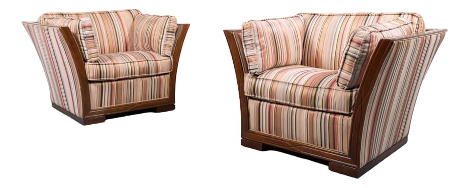 Italian Lounge Chairs, 1980s, Set of 2: Beautiful pair of sculptural lounge armchairs designed in Italy 1980’s. It features stained wood frame with spectacular striped fabric upholstery, equipped with loose cushions. Condition Good,