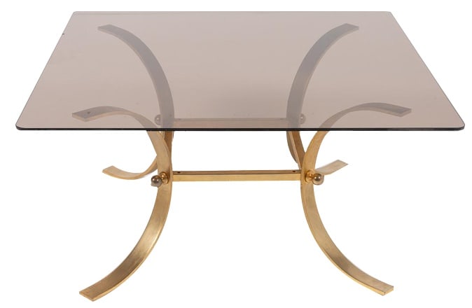 Italian Coffee Table, 1970s: Beautiful square smoked glass top coffee table from 1970’s with gold coated steel frame. Produced in Italy.Condition Good, few scratches and marks on the top. Production Period: 1970 to 1979