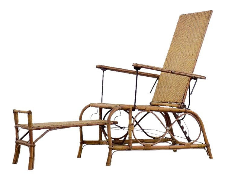 Set of Chair and Ottoman by Erich Dieckmann, 1930s: This Bauhaus-style armchair was designed by Erich Dieckmann in Germany during the 1930s. This chair is made from three kinds of materials: rattan, bamboo and metal. The using of high-quality hardwood