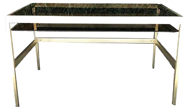 Console Table by Pierre Vandel, 1970s: Brass structure, smoked glass shelves. Country of Manufacture: France Design Period: 1970 to 1979 Production Period: 1970 to 1979 Restoration and Damage Details: Patina consistent with age and use