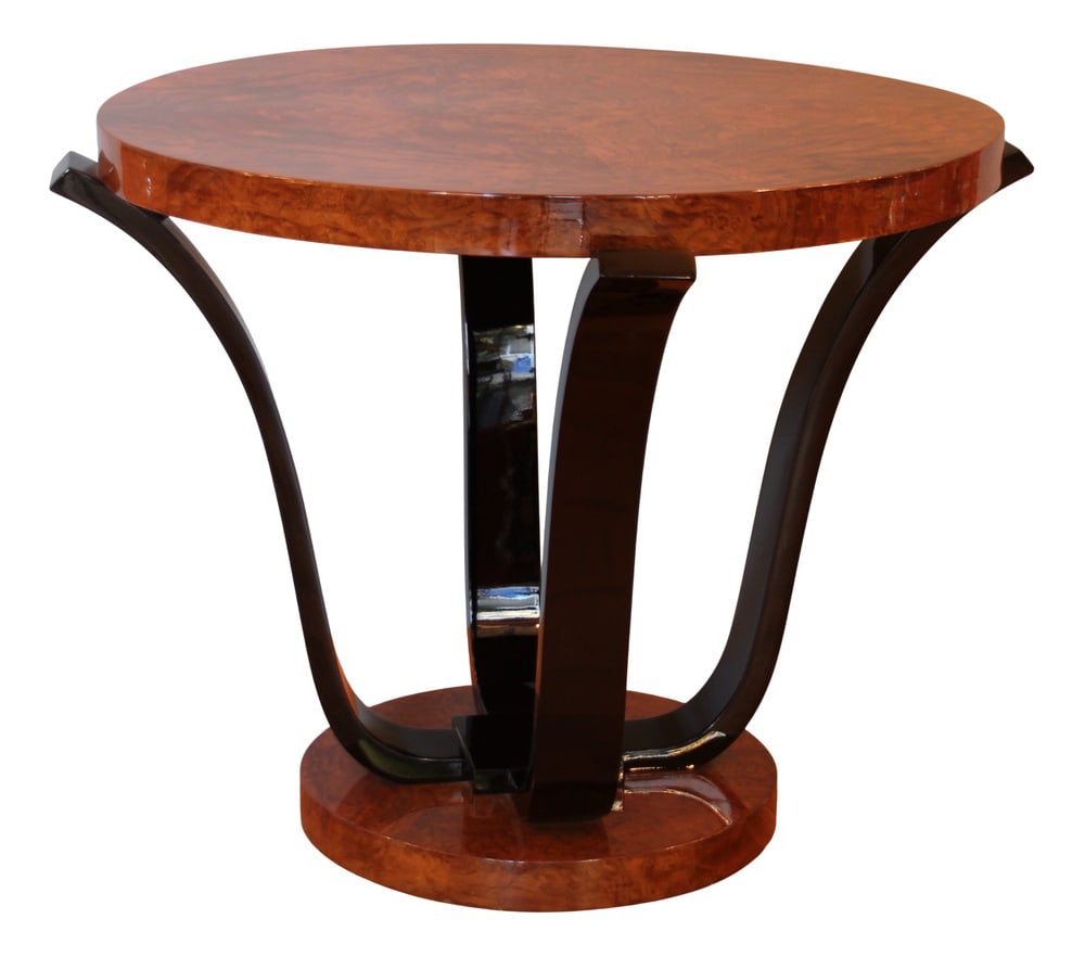 Art Deco French Side Table, 1930s: This round side table in a classic Art Deco shape dates from the 1930s and is made of veneered (floral) ash in very good, fully restored condition. The four curved struts are contrasting in black.