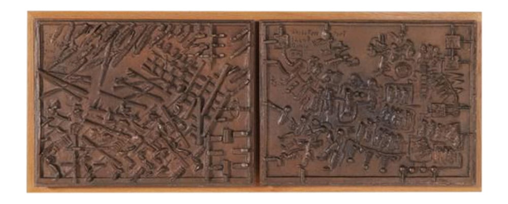 Bronze Wall Landscape from Bror Marklund, 1950s: Two piece bronze wall landscape mounted on oak frame, monogram-signed BM. Numbered 1/3 and 2/3. Provenance: SEB , Stockholm. Sweden. Bror Hjalmar Marklund was a Swedish sculptor who’s work was
