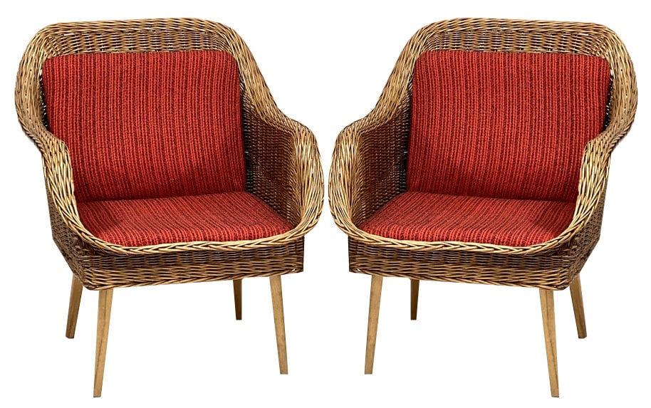 Set of Rattan Lounge Chairs, 1960s: Wooden structure combined with woven wicker, removable foam mattresses. Original, very well-preserved condition, minor scuffs, age and use. Country of Manufacture: France Design Period: 1960 to 1969 P