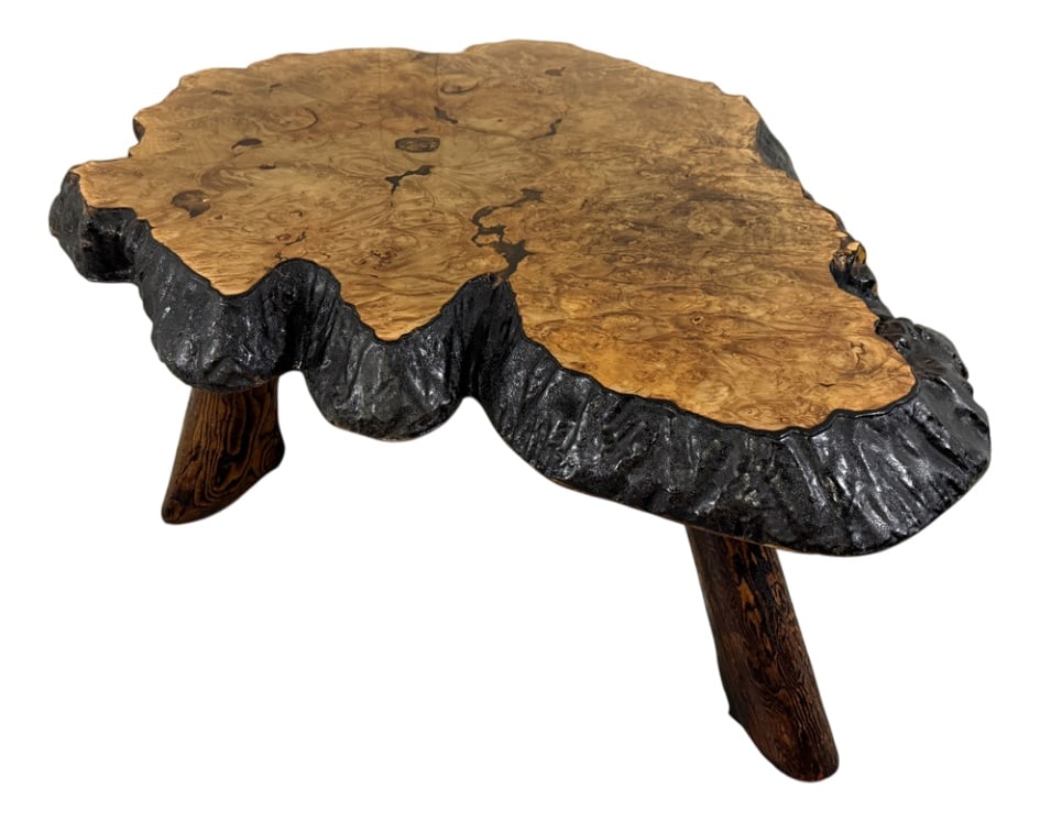 Coffee Table by Frank Armich, Canada, 1970s: Large imposing tree trunk coffee table by Frank Armich Sr & Jr, Canada.Tabletop made of 10 cm thick birdseye maple wood (mustard maple, American maple that is full of small knots).The top is