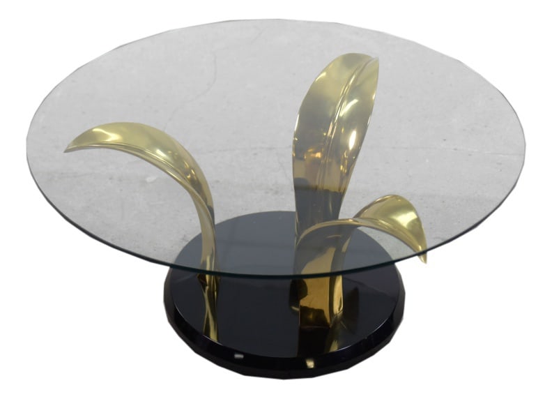 Vintage Palm Leaf Cocktail Coffee Table, 1970s: This very rare cocktail table was made in the United States during the 1970s. The striking base consists of three palm leaves made of brass and mounted on a black lacquered stone base. The round top