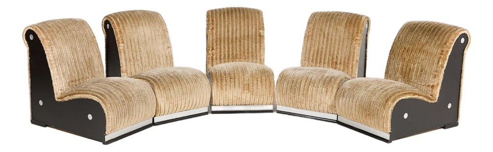 Mid-Century Seating Group, 1970s, Set of 5: Modern Italian sculptural seating group, produced in 1970's Italy. The set features 5 lounge chairs with wooden frame upholstered in beige plush fabric. The seats can be formed and adjusted on your