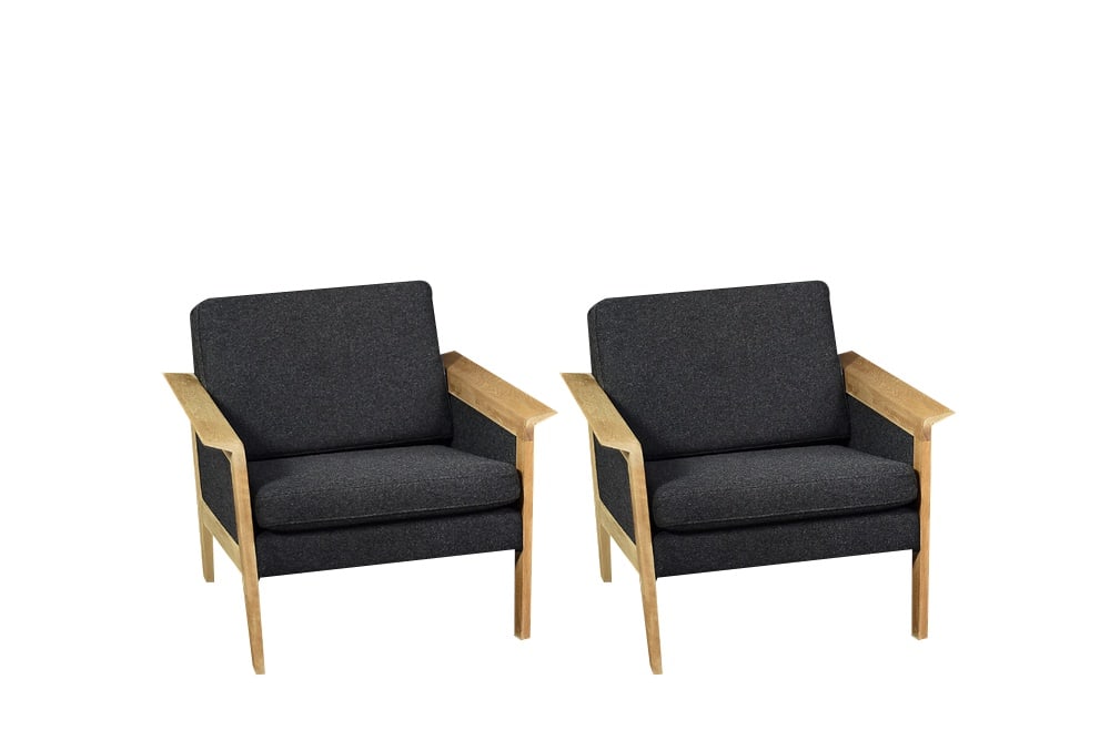 Set of Danish Oak and Felt Lounge Chairs, 1960s: This pair of lounge chairs was made in Denmark during the 1960s. The wide and comfortable armchairs reflect the Scandinavian design of the Mid-Century Modern era. They have been re-upholstered with a