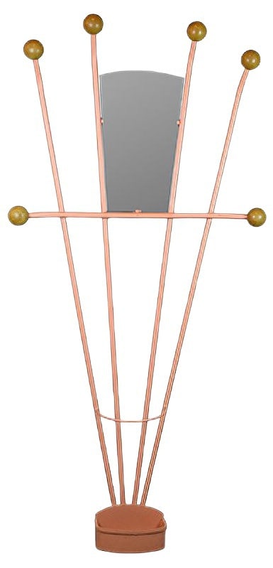 French Coat Rack and Umbrella Stand, 1940s: A striking 1940's coat rack design with a central removable mirror plate. Painted in a light salmon pink. At each end of the steel tube arms are six oak turned knobs and below the umbrella hoop is a