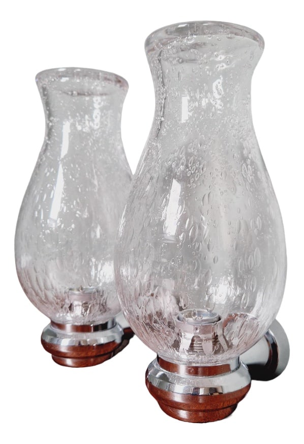 Wall Lights, 1970s, Set of 2: Pair of wall lights in transparent blown glass and chrome metal, 1970s. Very good condition, compatible with an E14 LED bulb. Dimensions: 10 x 14 x 25 cm Country of Manufacture:
