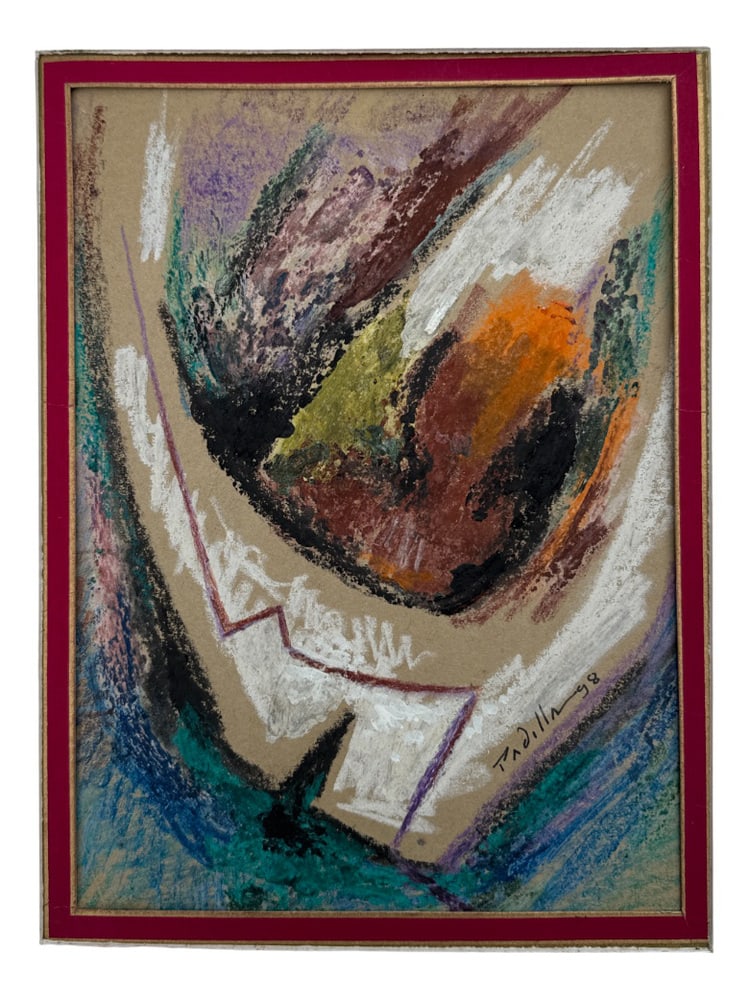 Lorenzo Padilla, Abstract, 1998, Oil and Pastel: Lorenzo Padilla, Abstract Composition, 1998, Oil and Pastel on Cardboard. Unframed. Country of Manufacture: France Design Period: 1990 to 1999 Production Period: 1990 to 1999 Restoration and Damage De