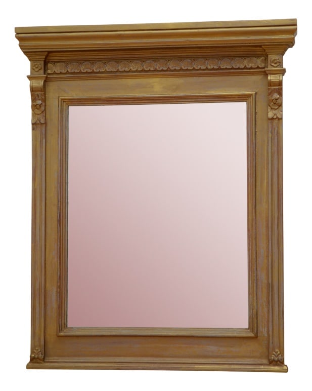 Edwardian Wall Mirror, 1900: K0620 Elegant Edwardian wall mirror, having cavetto cornice above carved frieze and oblong glass, (possibly a replacement) flanked by reeded pilasters with drop carvings. This antique mirror has been