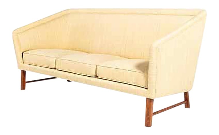 Mid-Century Swedish Sofa, 1950s: This beautiful shape mid-century sofa from 1950s is upholstered in light mustard wool fabric and has a solid stained wood legs, loose sitting cushions. Condition Very good. Country of Manufacture: Swe