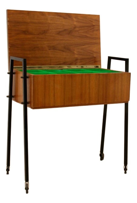 Dutch Teak Collectors Cabinet and Sewing Table: Gorgeous original Dutch Collectors Cabinet and Sewing Table in Teak. The Cabinet features beautiful wood grain with black metal legs on wheels. It offers good storage, with 8 different boxes. The