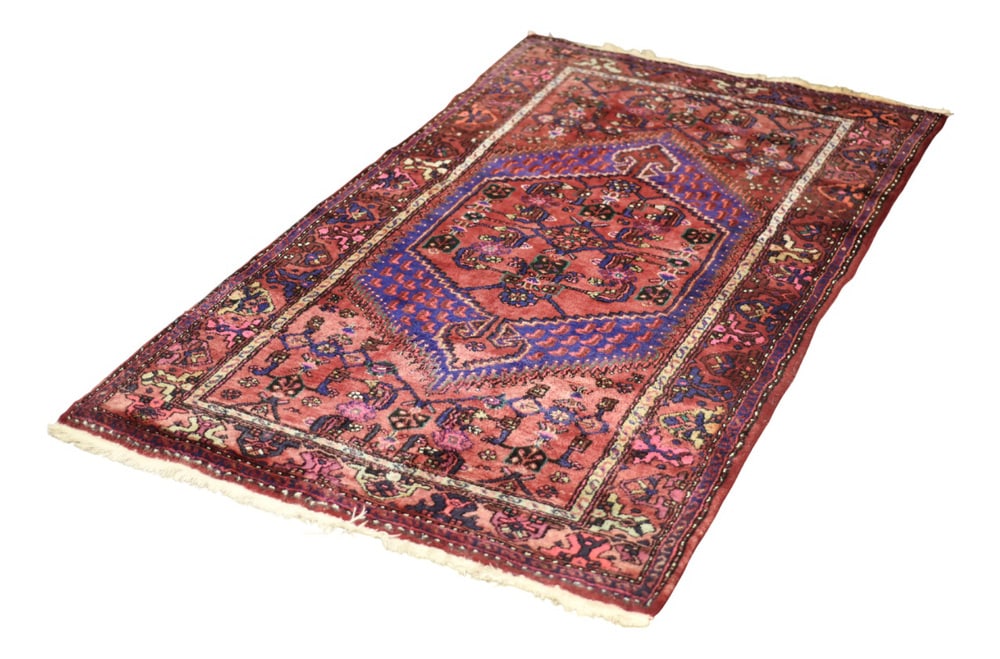 Vintage Hand-Woven Oriental Hamadan Rug, 1960s: This hand-woven oriental Hamadan rug was made in Iran during the 1960s. It is flat woven carpet - woven using traditional technique. This rug is dyed in shades of rustic red, pink and purple with a