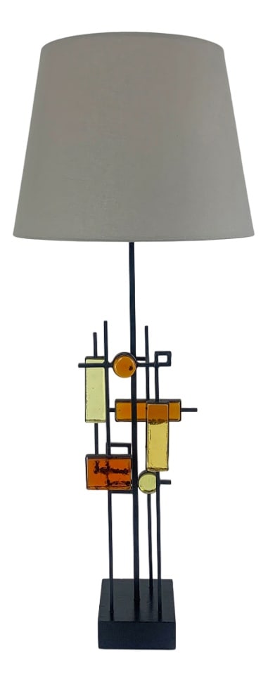 Table Lamp for Holm Sørensen, Denmark, 1960s: Tall Danish Mid-Century Table lamp. Design by Svend Aage Holm Sørensen, for Holm Sørensen, Denmark. An iron structure made up of horizontal and vertical lines forms a variety of geometric