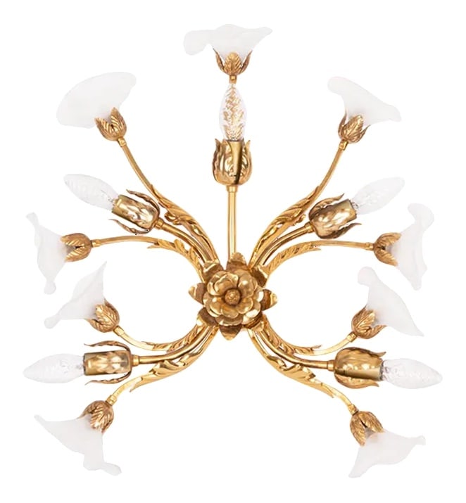 Wall Sconce with Glass Flowers by Hans Kögl, 1960s: Introducing an extraordinary statement piece in luxury lighting: the magnificent large Hans Kögl wall sconce with glass flowers. This exceptional fixture boasts five elegant branches, each