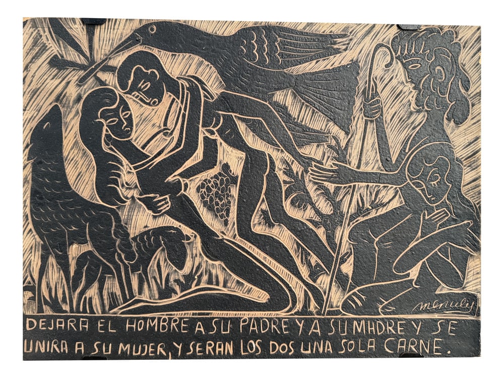 Pedro Mercedes, 1900a, Black Enamel: Pedro Mercedes 1921 - 2008Ceramic Bas Relief.Scarified decoration and black enamel.39cm x 28cm x 2cm“DEJARA EL HOMBRE A SU PADRE YA SU MADREY SE LINIRA A SU MUJERY. SERAN LOS DOS LINA SOLA