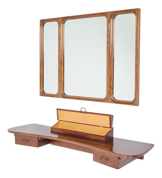 Console & Mirror by Holm for Bolighus, Set of 2: Mid-Century Modern Danish Wall Console with Mirror by Frode Holm for Illums Bolighus, 1950s. Very rare set consisting of foldable mirror and elegant wall mounted shelf / console with drawers of