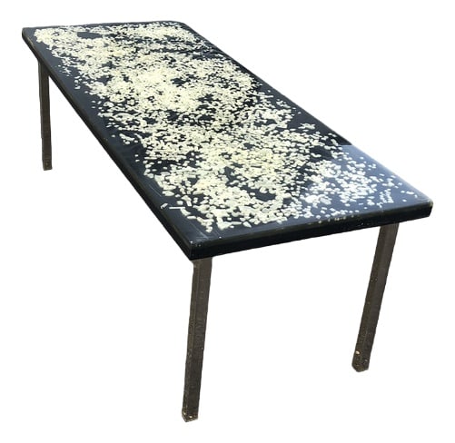 Coffee Table attributed to P. Giraudon, 1970s: Rectangular resin table attributed to Pierre Giraudon, with inclusions on a metal base. A small mark on a photographed corner. Country of Manufacture: France Design Period: 1970 to 1979 Production