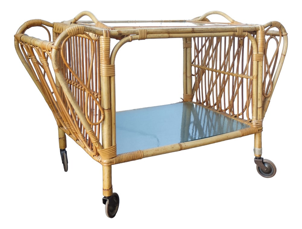 Mid-Century Italian Serving Bar Cart, 1960s: Vintage Rattan / Bamboo serving trolley from the 1960s or 1970s. The top level is an integrated removable tray. Country of Manufacture: Italy Design Period: 1960 to 1969 Additional Condition Informati