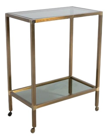 Vintage Serving Cart, Italy, 1970s: Italian design side table/serving cart on wheels. Coated aluminum frame with 2 smoked glass plates. Condition: Age related wear and marks. Design Period: 1960 to 1969 Production Period: 1970 to 1979 R