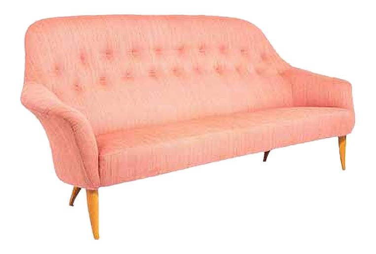 Paradise Sofa by K. H. Holmquist for N. Kompaniet: Beautiful organic shape ‘Paradise’ sofa designed by Kerstin Hörlin-Holmquist for Nordiska Kompaniet in Sweden 1958. The sofa has curved varnished beech legs with very nice rose