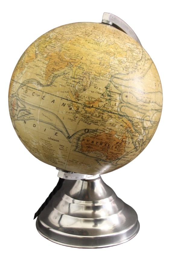 French Illuminated Globe, 1940s: This art deco globe was made between 1920 and 1949 in France. It features a glass globe on a polished aluminium base and it is illuminated (incandescent bulb or LED) from the inside. The map is