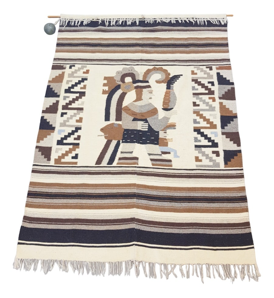 Vintage Bohemian Kilim Wall Hanging Rug, 1970s: XL Vintage Kilim bohemian wall hanging Boho rug '70Hand-knotted Kilim made of wool in a Maya pattern that is typical of that time. Rectangular shape in bright color and earth tones. Very decorative