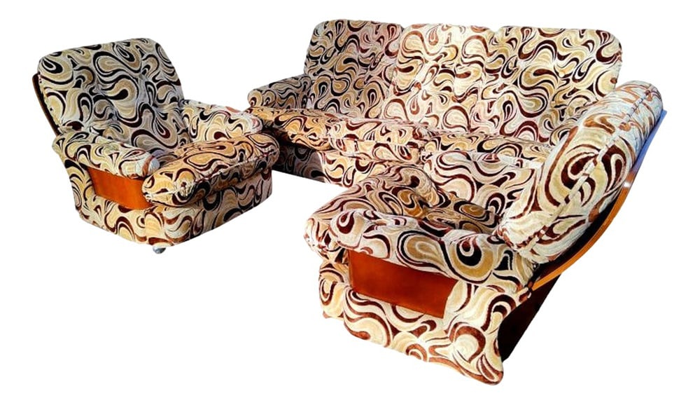 Living Room Sofa and Armchairs, 1970s, Set of 3: Complete original living room of the 70s, consisting of sofa and pair of armchairs with textile velvet coating in fantasy in the colors of beige, white and brownMeasures:The sofa measures 2 meters in