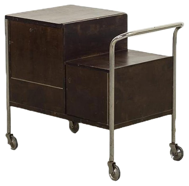 Art Deco Serving Trolley, 1930s: Beautiful Art Deco serving trolley from 1930s, executed in varnished wood with steel frame. Key is included. Condition Good, age related wear and marks. Production Period: 1930 to 1939 Additional