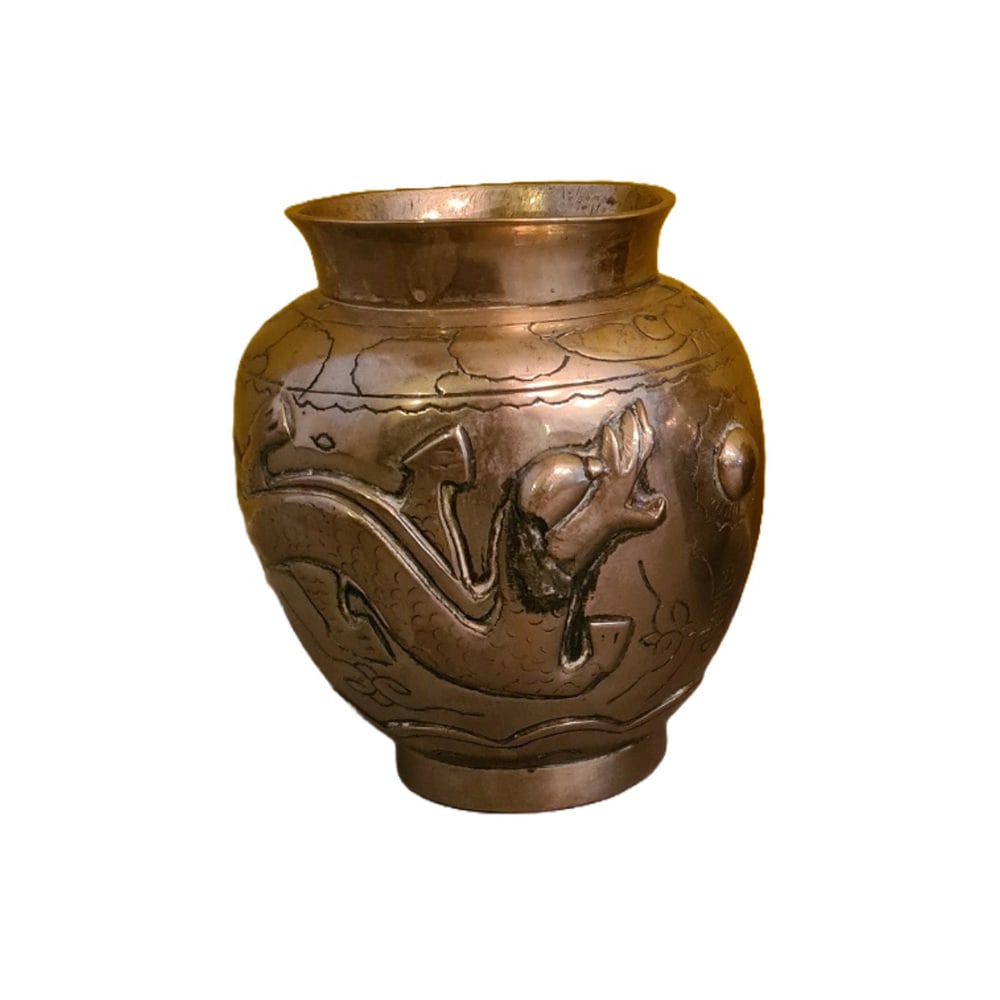 Asian Bronze Vase with Dragons, 1920s: Asian Bronze Vase, early 20th century. This vase is decorated with imperial dragons chasing a flaming pearl. The two dragons and the pearl on the vase are in relief and were added later as separate