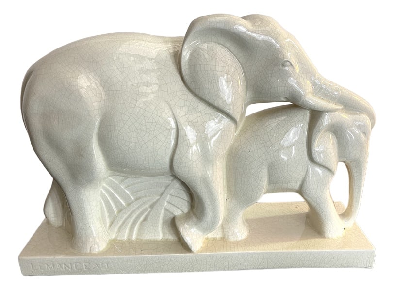 Art Deco Sculpture for Saint Clément, France, 1930: Charles Lemanceau Cubist Elephant and his little cracked.Art Deco cream cracked Glaze Ceramic.This is the great signature of the Saint-Clément factory. Charles Lemanceau, French sculptor and