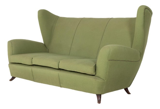 Mid-Century Wing Sofa from Paolo Buffa, 1950s: Italian Modern sculptural sofa designed in 1950’s by Paolo Buffa. It features green fabric upholstery, loose seat cushions.Condition Fair, age-related wear and marks. Country of Manufacture: