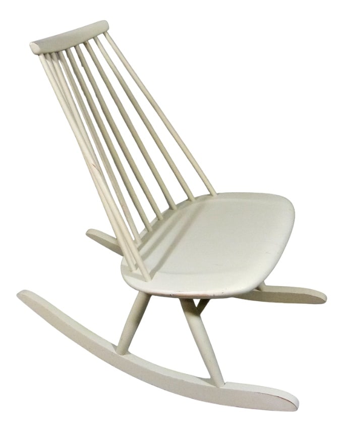 Rocking Chair by I. Tapiovaara for Asko, 1960s: Rocking chair Mademoiselle by Ilmari Tapiovaara for Asko, Finland.Orgininal white lacquered solid birch wood.Beneath the seat it is clearly visible that there was the mark from Asko.1950-60’s.
